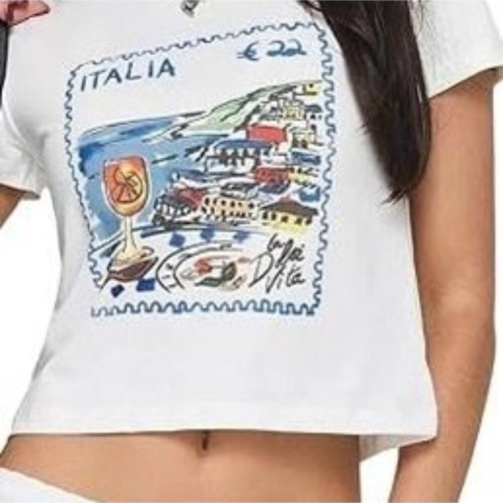 Italia Stamp Graphic White Crop T-Shirt By Princess Polly Size 8
